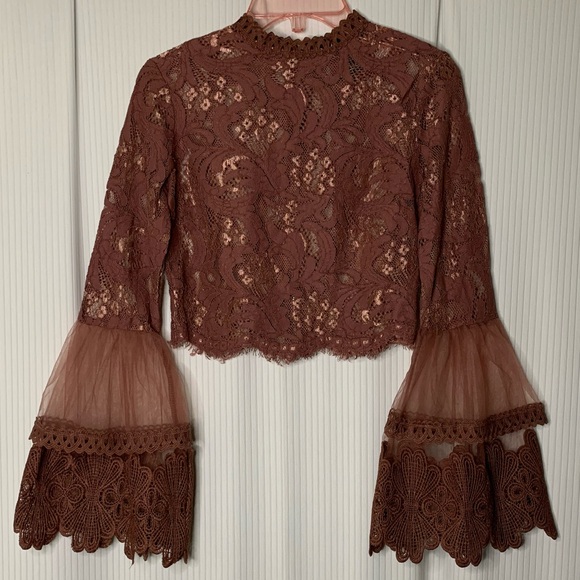 Revamped Tops - Revamped Blouse Top Long Sleeve Flare Bell Lace Cuff Zipper Back Brown XS